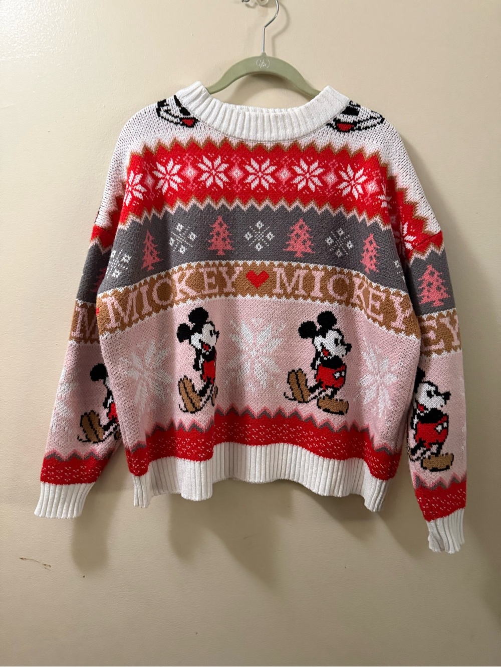 Disney x Forever 21 Mickey Mouse Pink Red Gray Holiday Knit Crewneck Sweater